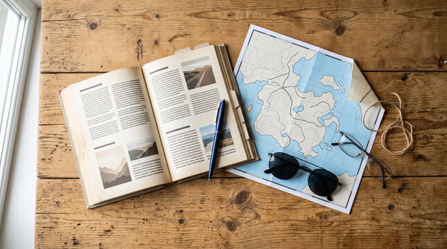 Travel guide book and map on a wooden table with sunglasses and pen  