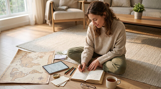 Woman planning self-funded trip while sitting on the floor with a map  