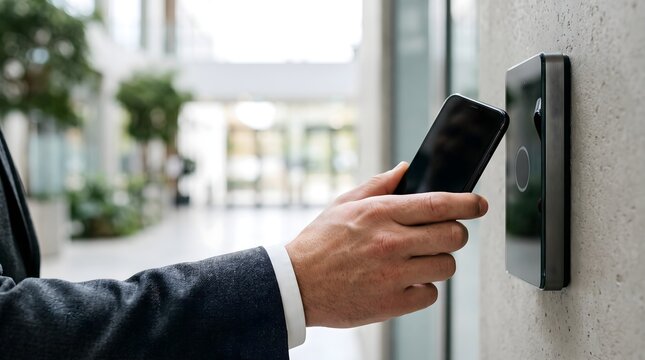 Businessman hand using smartphone to unlock office door via electronic digital reader sensor in modern corporate building for secure access and smart technology concept.