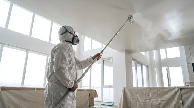Professional painter in white protective suit using a long extension spray pole to apply white paint on a high ceiling for interior home renovation and improvement