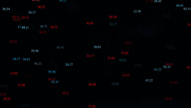 Floating digital numbers simulate financial exchange rates in dark space. Modern digital numbers track analytics. Sleek digital numbers for fintech video ads.