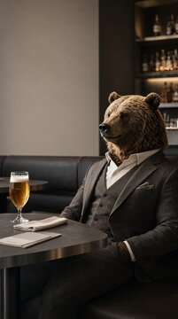 Sophisticated Anthropomorphic Brown Bear Relaxing Elegantly at a Modern Upscale Bar Table Setting