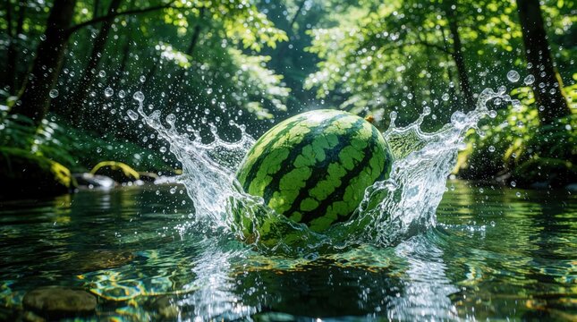Fresh watermelon falls into river water creating big splash. Green fruit hits clear stream with many water drops. Summer nature scene with forest trees, sun light. Refreshing organic food concept in