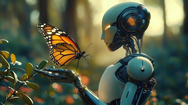The interaction between a robot and a butterfly symbolizes the evolution of consciousness.