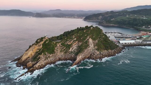 Scenic aerial view of Getaria lighthouse on San Anton mountain