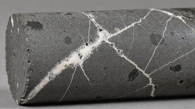 Basalt rock core sample with white carbonate veins from carbon capture