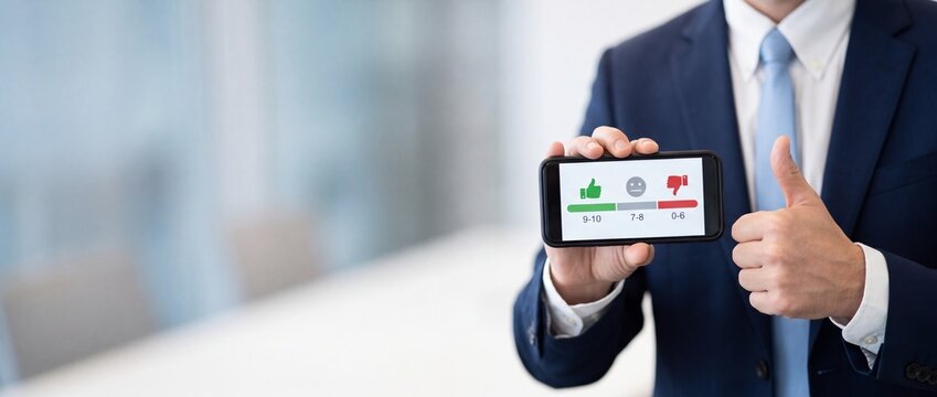 Professional holding smartphone showing financial app success metrics.