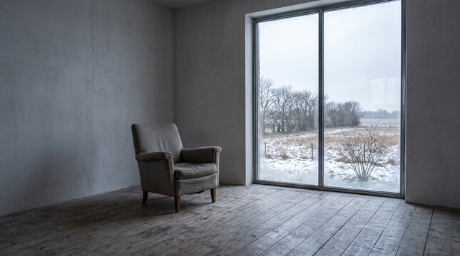 Cold and dreary indoor setting with an armchair by a large window  