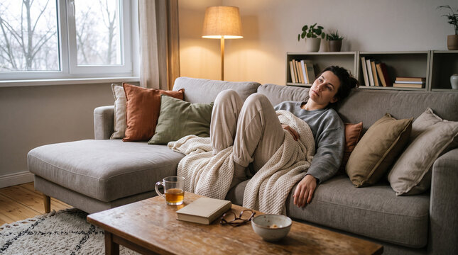 Woman relaxing on a couch in a cozy indoor setting during winter slump  