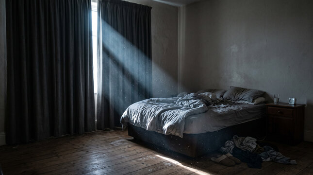 Dark bedroom with unmade bed and sunlight streaming through curtains  