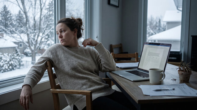 Woman feeling unmotivated while working at home during winter slump  