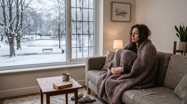 Woman sitting on couch with blanket during winter slump indoors  