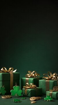 Elegant Green Gift Boxes with Shamrock Ornament and Decorations for St. Patrick s Day