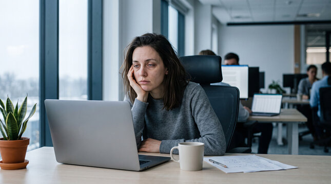 Woman experiencing winter slump while working on a laptop in an office  