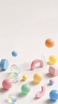 Minimalist Composition of Abstract Pastel Geometric Shapes and Spheres on Soft Neutral Background.