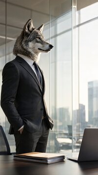 Sophisticated wolf businessman in a formal suit standing inside a modern corporate glass office.