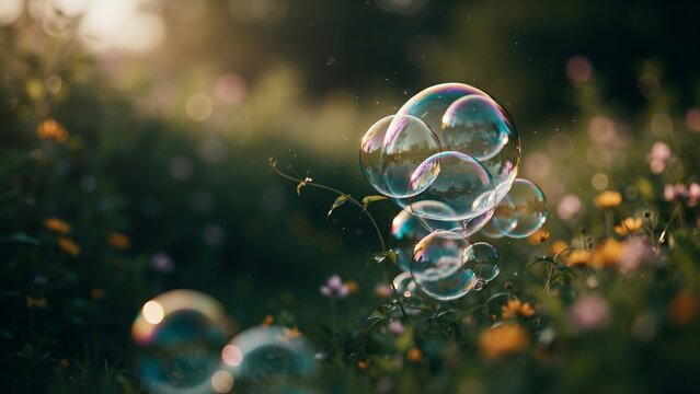 Iridescent soap bubbles floating gently above colorful blooming wildflowers during a warm sunny afternoon in nature
