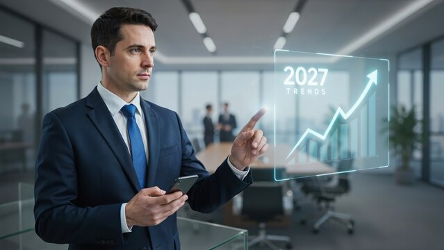 Professional businessman interacting with a futuristic transparent digital display showing economic growth trends inside modern corporate office environment