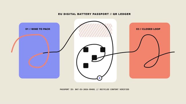 EU digital battery passport QR ledger and closed loop supply chain traceability map in continuous one line 2D vector loop