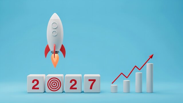 White rocket launching upward beside rising graph bars and target symbol blocks representing year twenty twenty seven growth