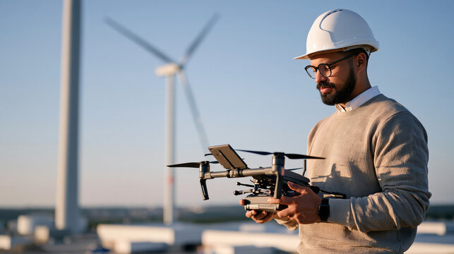 Industrial drone inspection specialist examining a wind turbine using a professional drone controller, renewable energy technician, aerial inspection, wind farm maintenance, clean