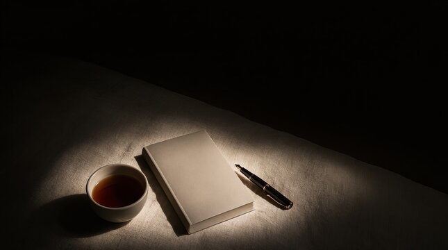 Minimalist Cinematic Night Scene With A Closed Notebook A Fountain Pen And A Cup Of Black Tea Set