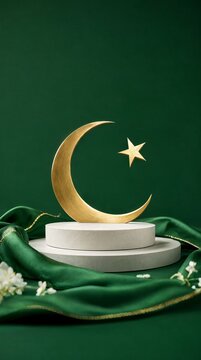Minimalist Festive Composition with Golden Moon Symbol on White Podium and Green Silk Background