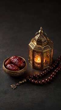 Ramadan kareem conceptual setup with glowing oil lantern bowl of dates and islamic prayer beads