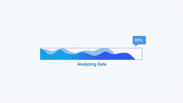 Minimal flat vector animation of a blue progress bar with layered flowing wave shapes and a floating percentage indicator on a light background, ideal for data analysis interfaces, information process