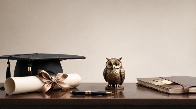 Academic Achievement Still Life with Graduation Mortarboard Diploma Scroll and Brass Owl Figurine