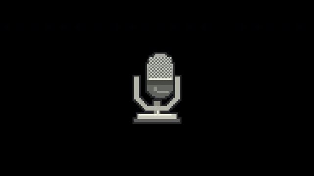 A silver vintage microphone gently shifts in its U shaped stand in an eight second transparent loop.