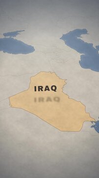 Vintage style map of Iraq highlighting its geographical borders and location in the Middle East.