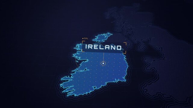 Digital data map of Ireland highlighting the country as a travel destination in Europe.