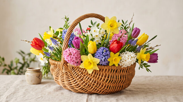 Colorful spring flowers in a wicker basket on a neutral background  