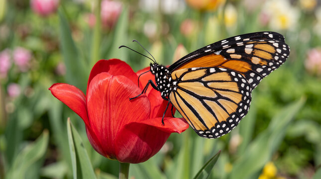 Butterfly on a blooming red tulip in a vibrant spring garden  