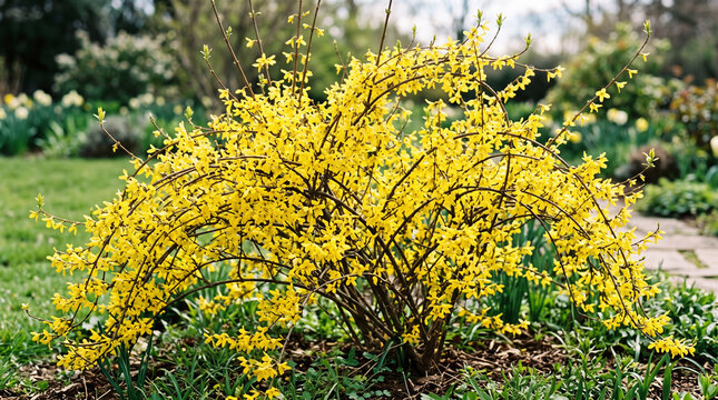 Bright yellow forsythia bush blooming in a sunny garden  