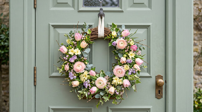 Spring wreath with pink and yellow flowers on a green door  