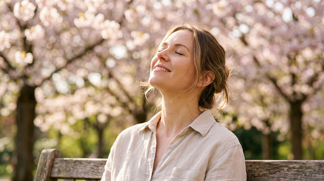 Woman enjoying spring sunshine in a cherry blossom park  