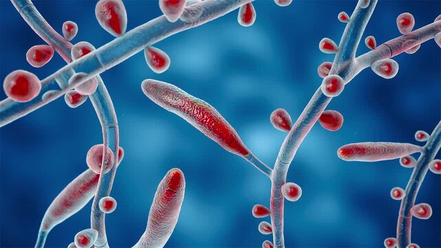 Trichophyton rubrum, 3D animation. Dermatophyte fungus causing tinea, athlete's foot, onychomycosis and other superficial infections of keratinised skin, hair and nails.