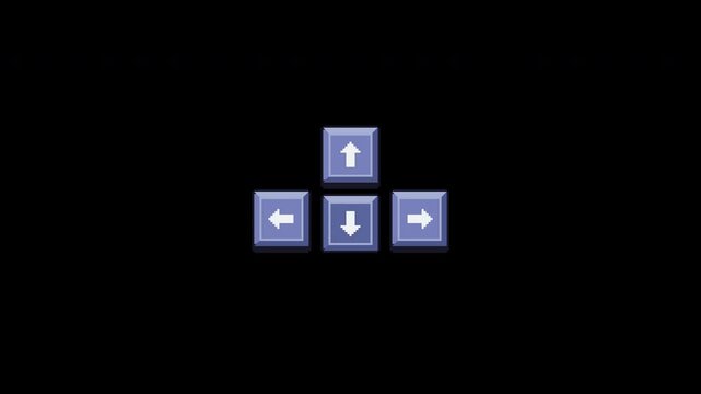 Four violet pixel keyboard arrow keys animate in an automatic up right down left press sequence on transparent background for eight seconds.