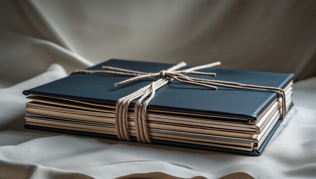 Dark blue journals tied with rustic string on draped fabric