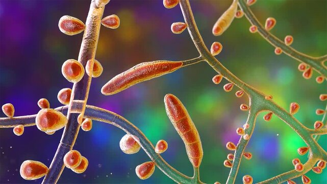 Trichophyton rubrum, 3D animation. Dermatophyte fungus causing tinea, athlete's foot, onychomycosis and other superficial infections of keratinised skin, hair and nails.