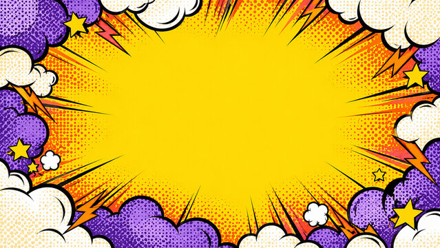 Retro pop art style comic frame with vibrant primary colors and star accents