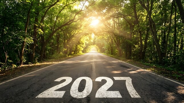 Bright road ahead with the year 2021 imprinted on the asphalt surface
