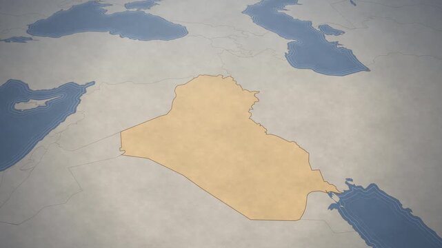 Vintage style map of the Middle East highlighting the borders and territory of Iraq.
