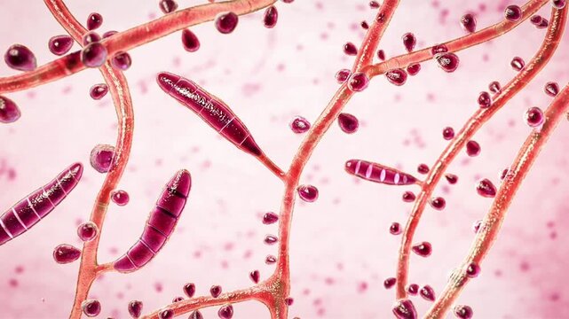 Trichophyton rubrum, 3D animation. Dermatophyte fungus causing tinea, athlete's foot, onychomycosis and other superficial infections of keratinised skin, hair and nails.