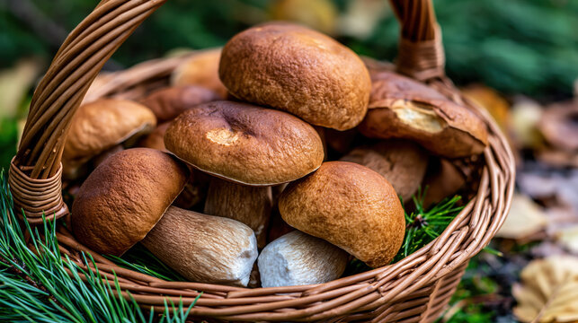 Close up of mushrooms in foraging basket with pine needles, freshly gathered in forest, creating rustic autumn harvest scene