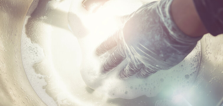 Gloved hand scrubbing a stainless steel sink with soap, producing bubbles and foam for a spotless and sanitized surface