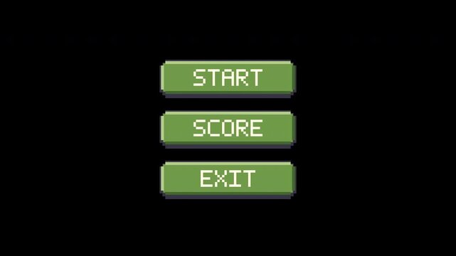 Green retro pixel START, SCORE, EXIT controls animate with geometric lettering and tactile stepped press motion in an eight second transparent loop.