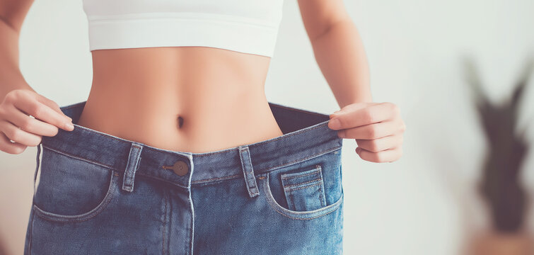 Woman standing, showing her flat stomach and pulling out her old, loose jeans to illustrate weight loss progress